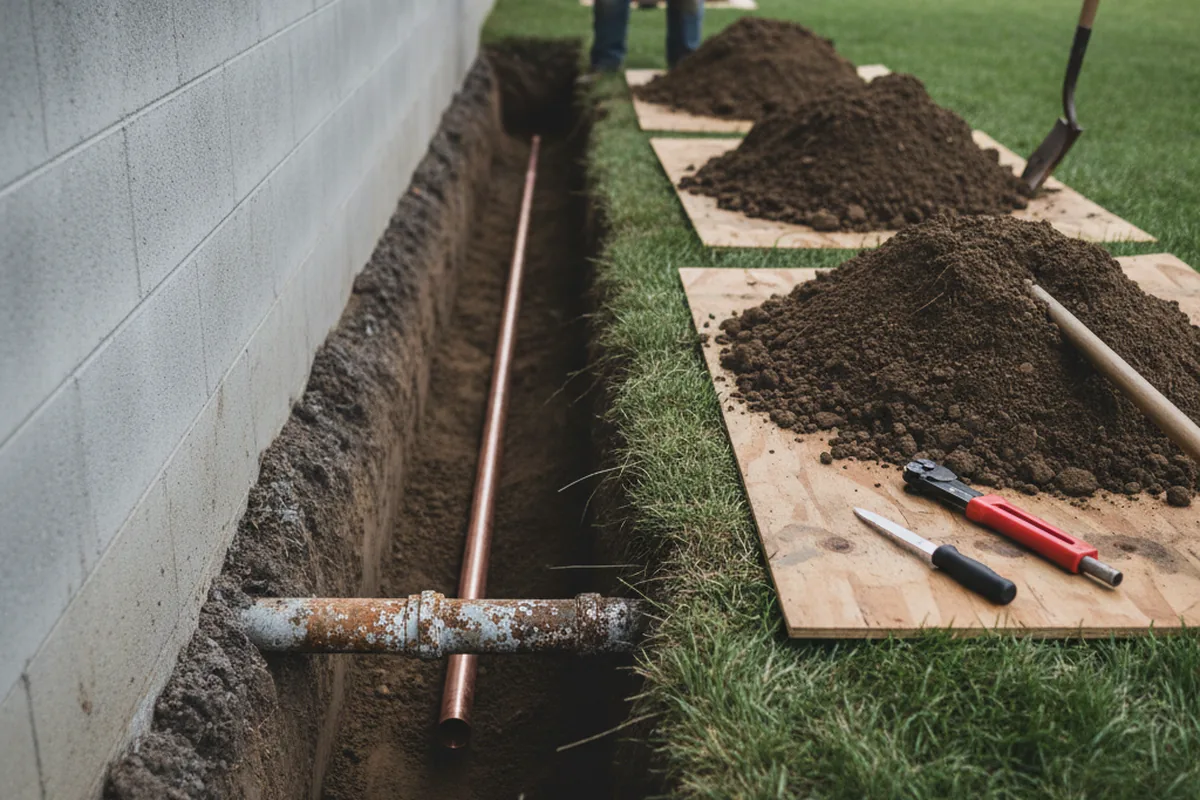 Excavated water line trench during Water Heater Repair in Rockingham
